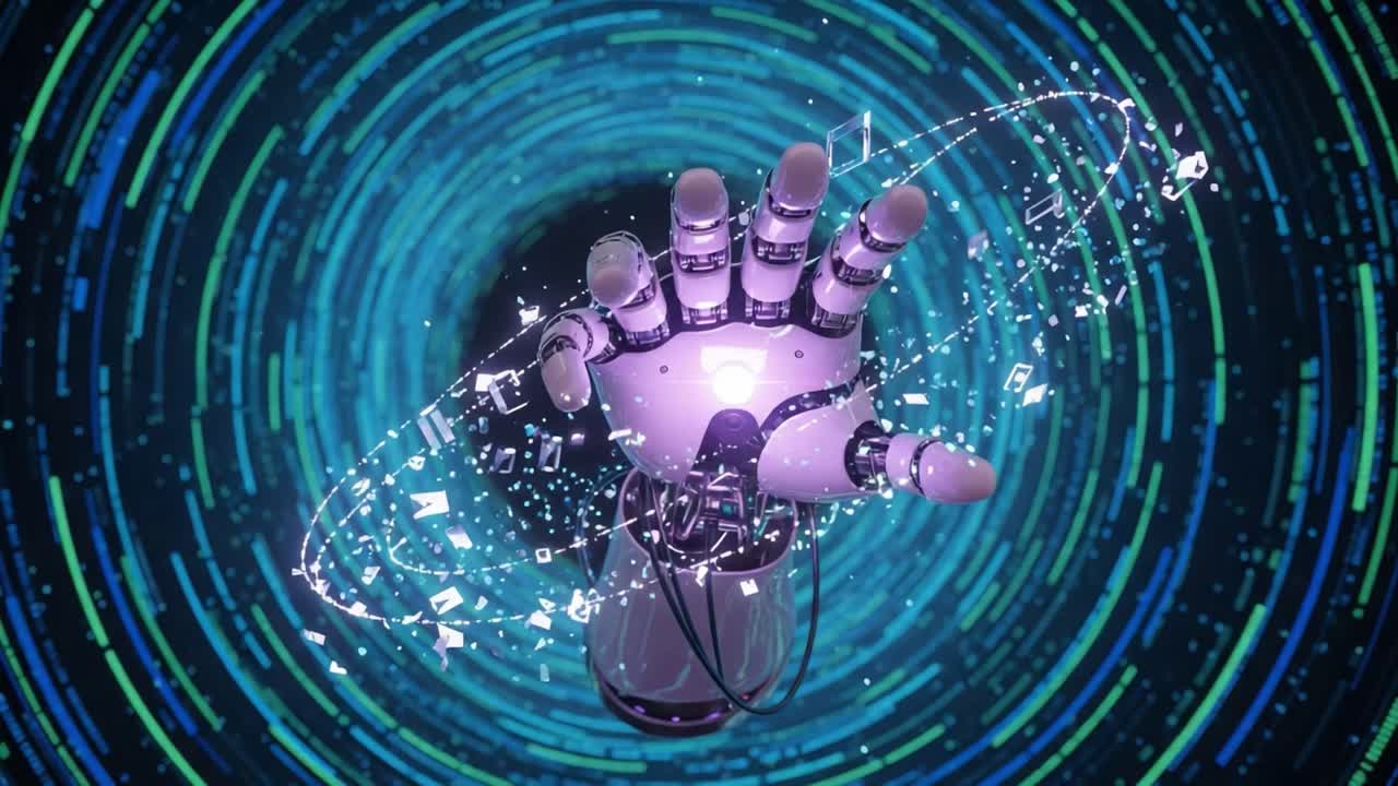 Futuristic Robotic Hand Emerging from a Digital Vortex, Symbolizing the Intersection of Technology and Music in a Cybernetic Realm