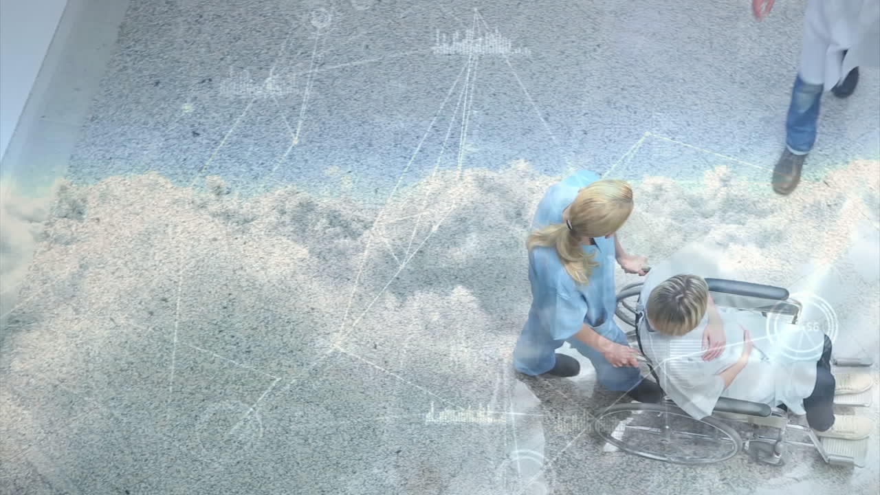 ⁇ 체어 에 있는 환자 와 함께 백인 간호사 위 에 있는 구름 의 애니메이션