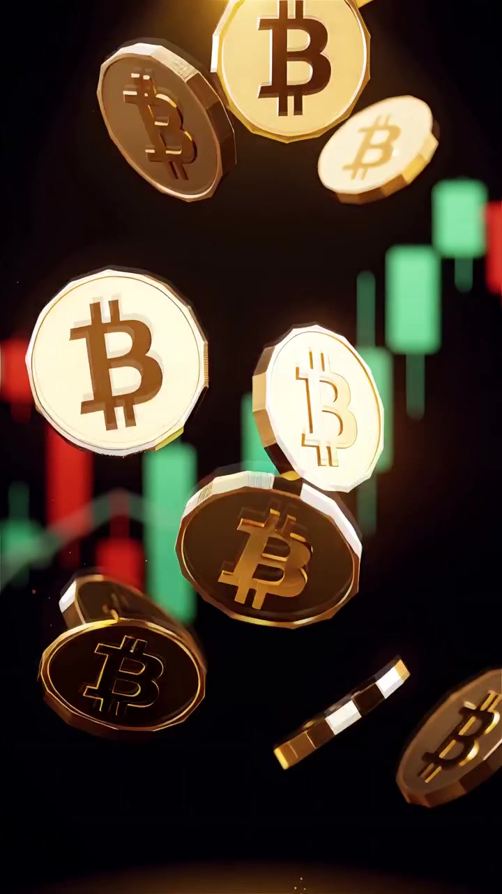 Moedas de Bitcoin douradas com fundo de gráfico de velas desfocado 4K