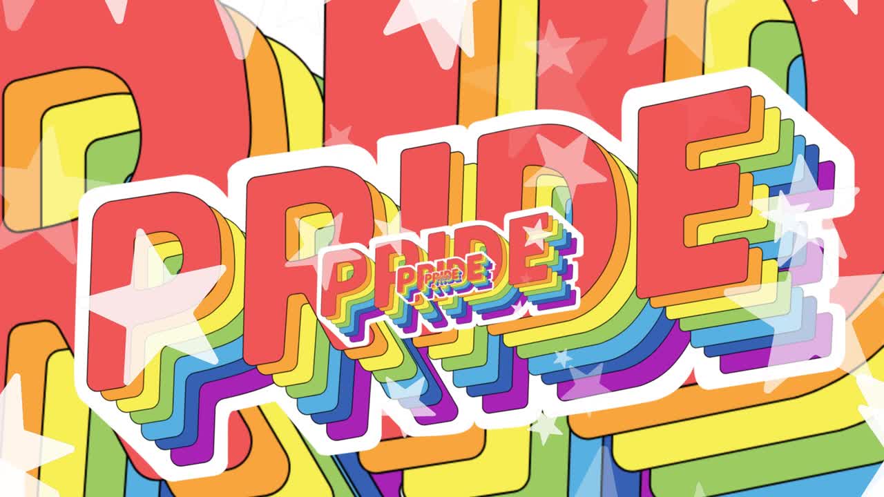 무지개 자부심 텍스트와 함께 떠다니는 별들의 애니메이션