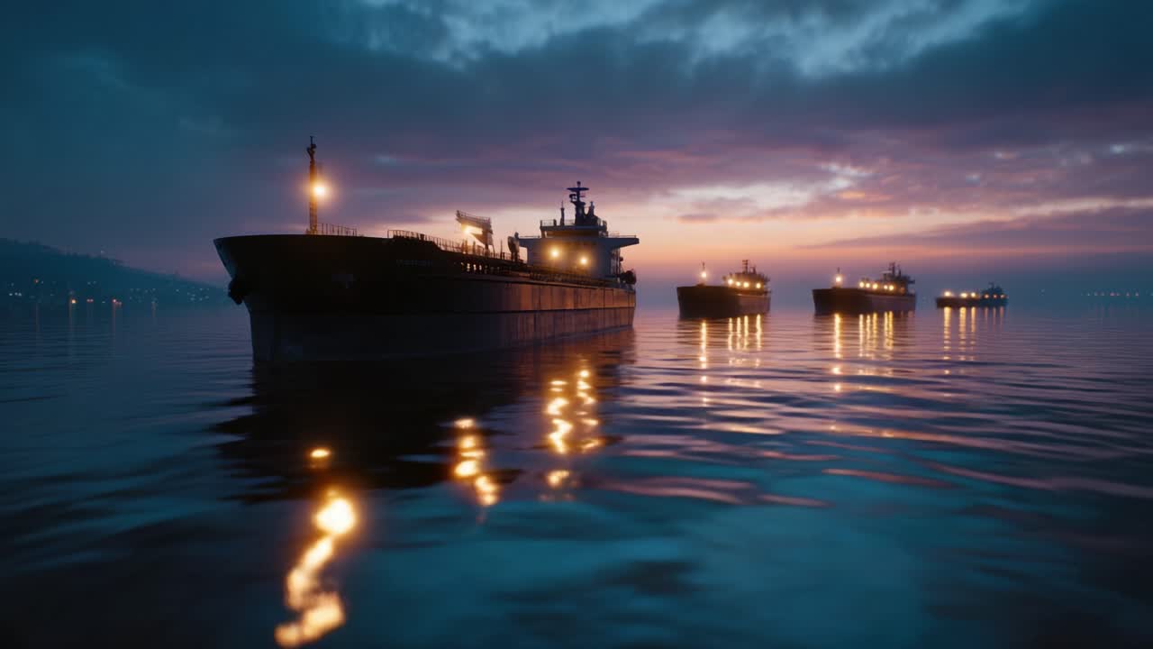 En række fragtskibe gløder i tusmørket på stille vand. Lys reflekteres blødt på overfladen. En fredelig, rolig atmosfære fremkalder en stille maritim industri. Perfekt til rejser, logistik.