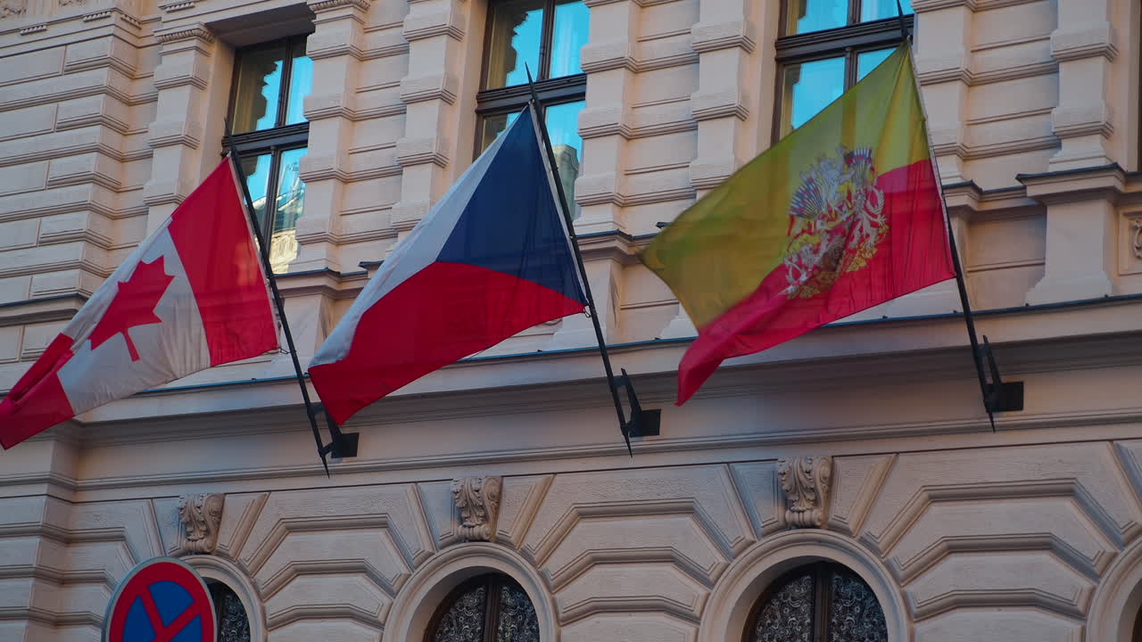 바람이 불어 체코와 캐나다 국기가 펄럭인다