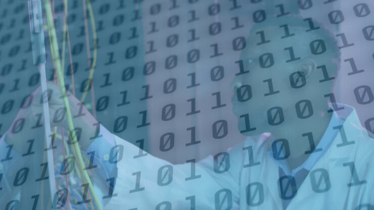 Animation af databehandling over afroamerikansk mandlig medarbejder i et serverrum