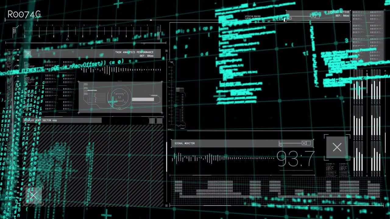 animacja przetwarzania danych naukowych na ciemnym tle