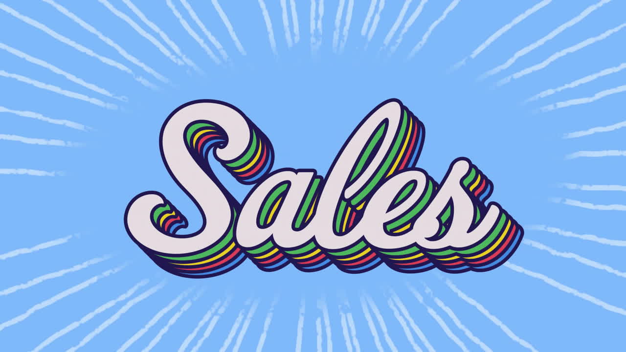 Animation of rainbow sales text over blue pattern background