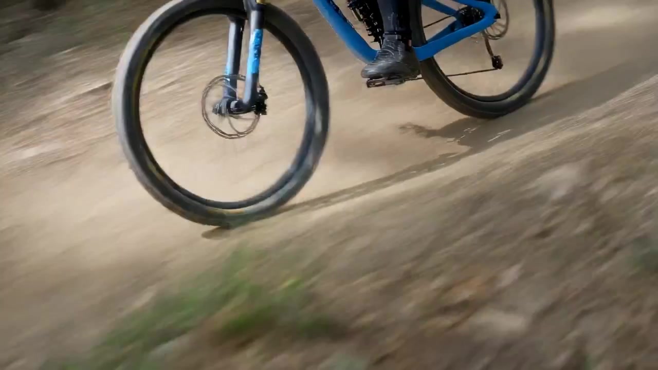 Ciclista che si inclina affrontando una curva con sponda nel bosco su una bici biammortizzata blu, che aderisce al terreno per mantenere la traiettoria