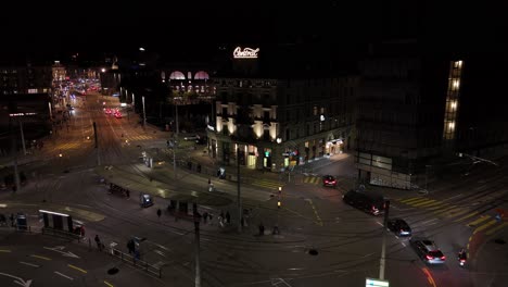tram train stop in central zurich, switzerland at night
