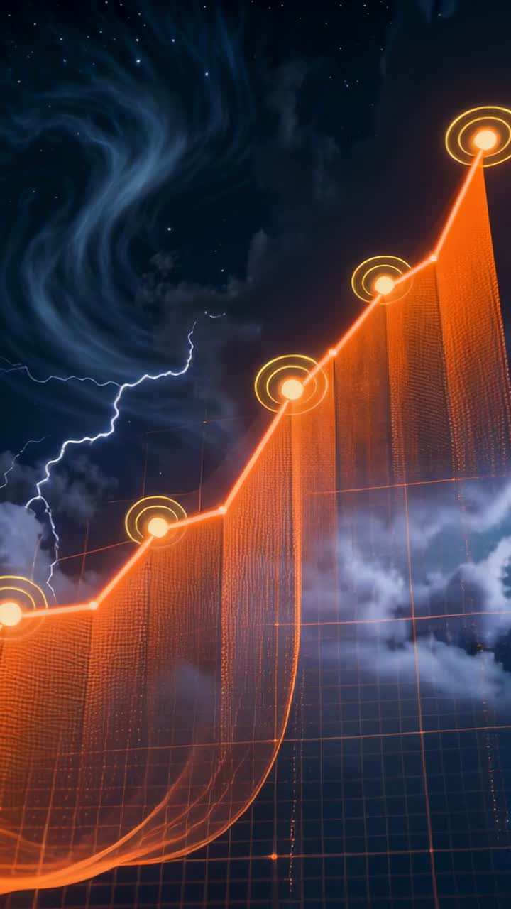 Vertical video: Panning camera upward showing lit ridge in sky with pulsing nodes showing data rise