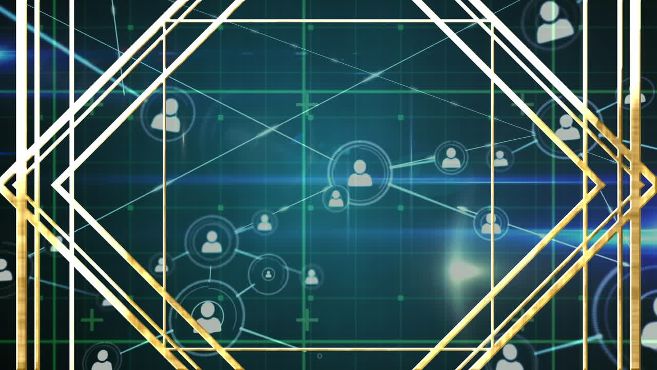 라인과 렌즈 플레어와 로 모양으로 상호 연결되는 프로필 아이콘의 애니메이션