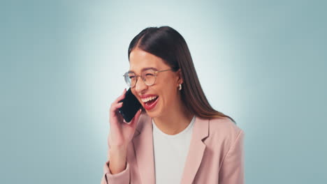 Phone-call,-smile-and-business-woman-in-studio