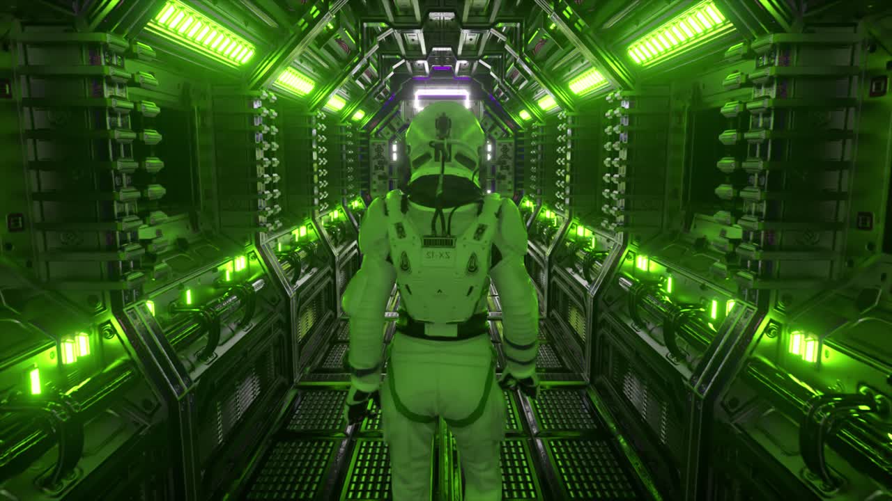astronauta en un corredor de una nave espacial futurista