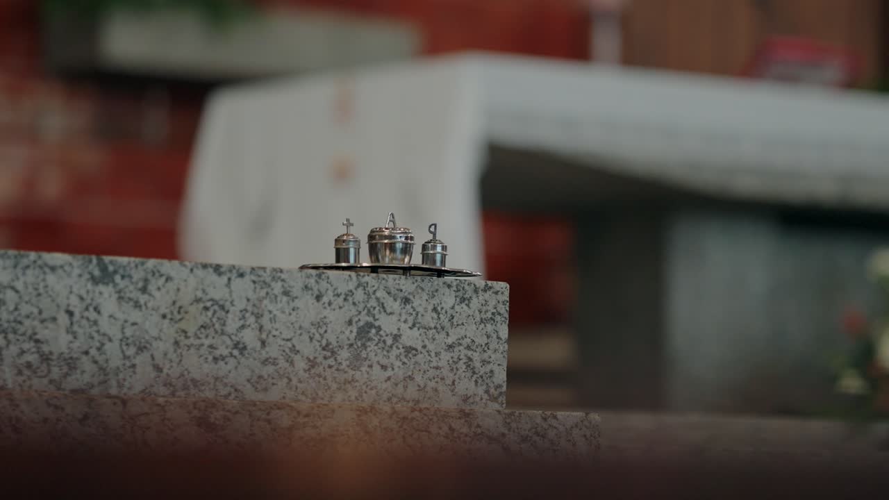 Close-up of ceremonial objects on a church altar for a religious event