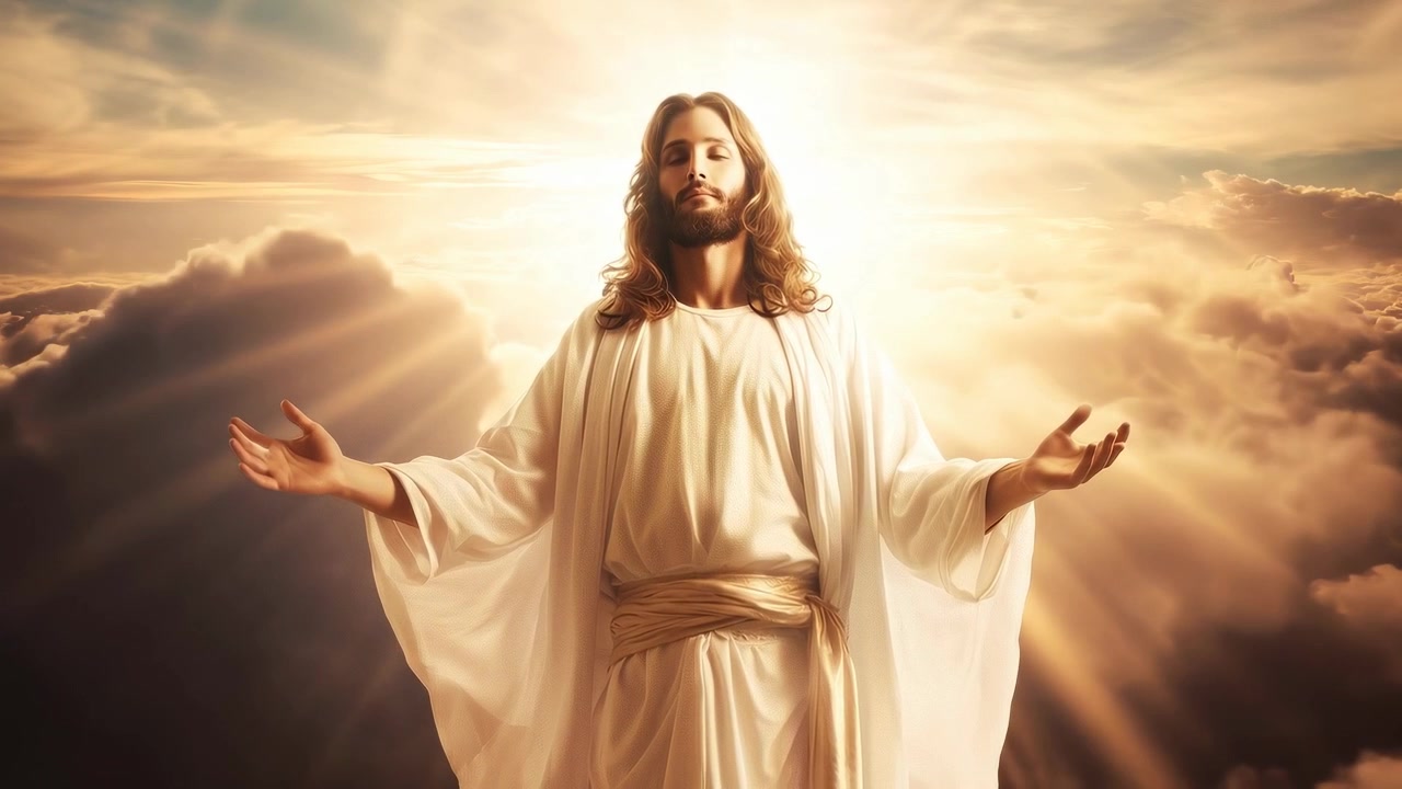 Gesù Cristo a Braccia Aperte in un Cielo Celestiale