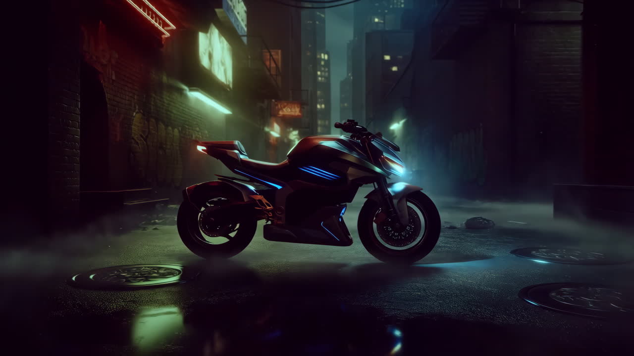 Futuristic Cyberpunk Motorcycle in a Neon-Lit Alley