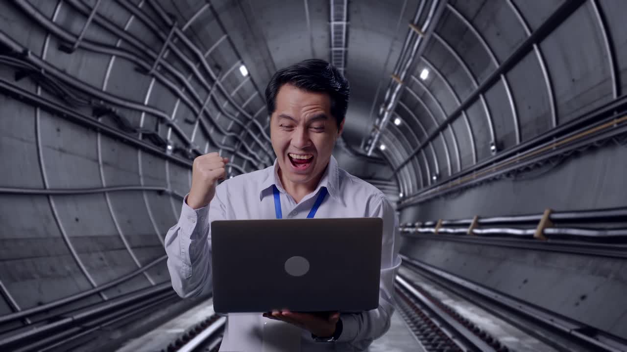 Asian Male Professional Worker Standing With His Laptop In Underground Subway Tunnel, He Raises His Fist Up With Screaming Goal