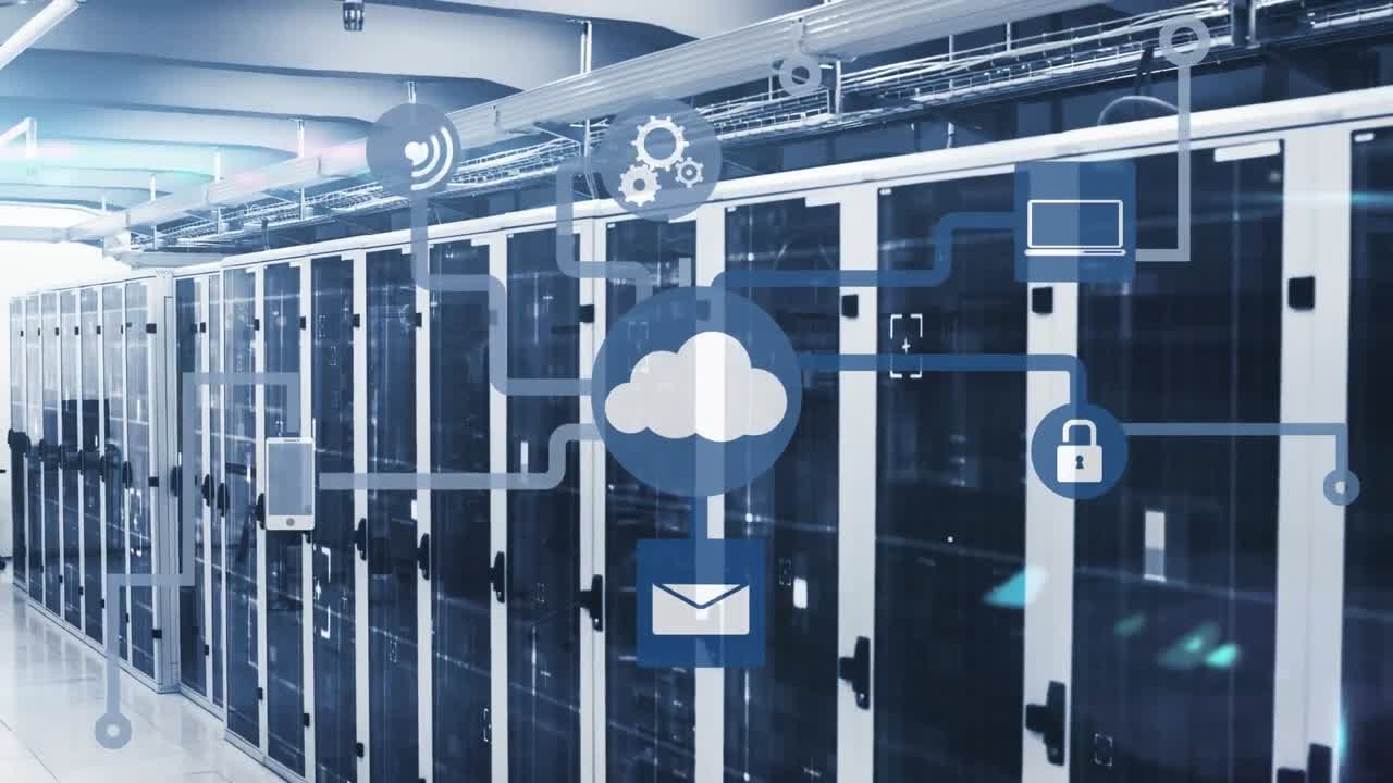 Animation of network of digital icons and light spot against computer server room