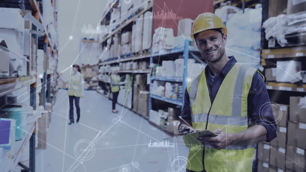 composición del almacén del hombre en el almacén combinado con la animación de las cosas conectadas