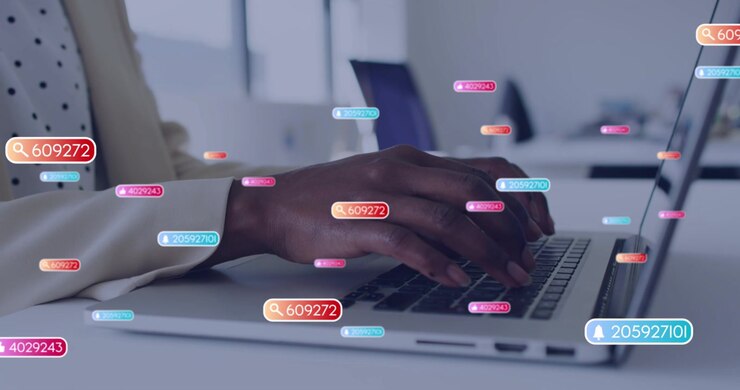 Vertical video: Notify bubble popping starting woman typing as UI badges growing, showing workflow