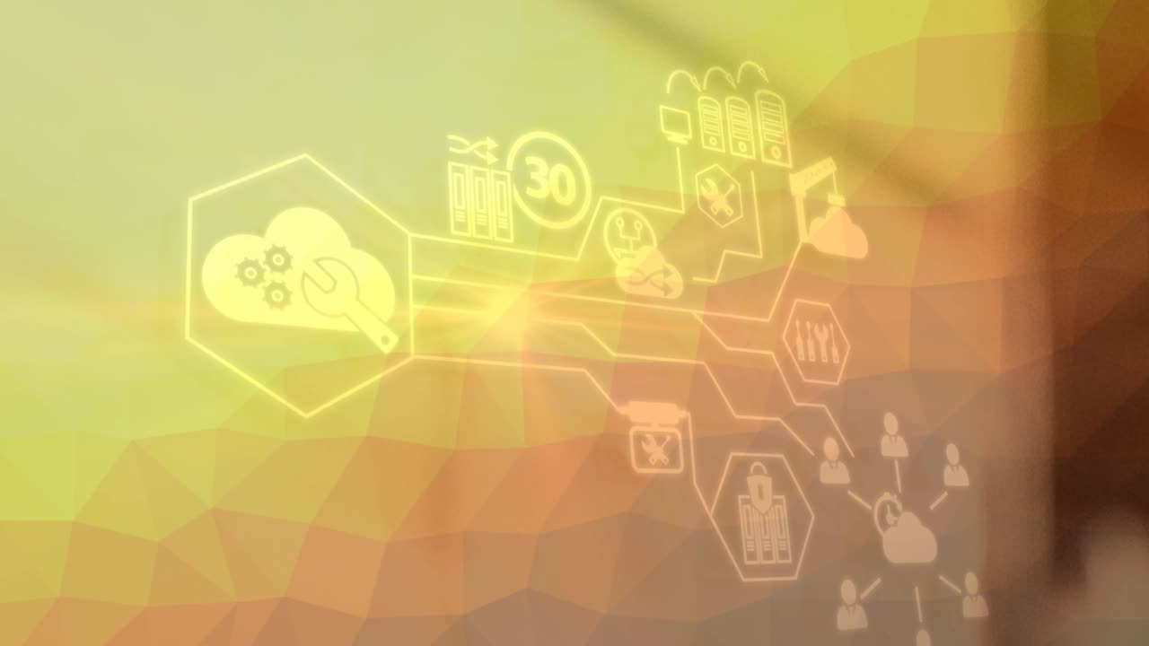 노란색 배경 위에 디지털 아이콘으로 연결 네트워크의 애니메이션