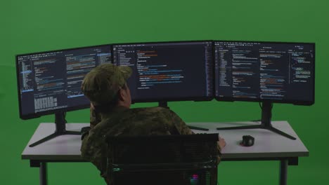 military programmer working on triple monitor setup