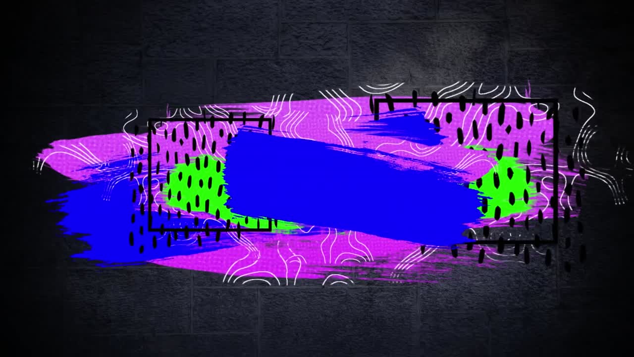 Animazione di macchie di vernice astratte rosa, blu e verdi, su linee di contorno in movimento, su sfondo nero