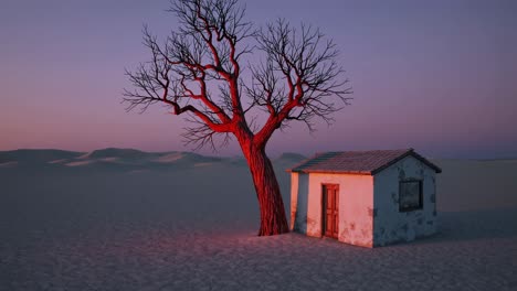 desolate desert cabin at sunrise/sunset