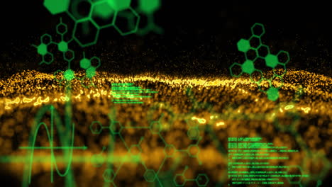 animación digital del procesamiento de datos y las estructuras moleculares contra la onda digital dorada