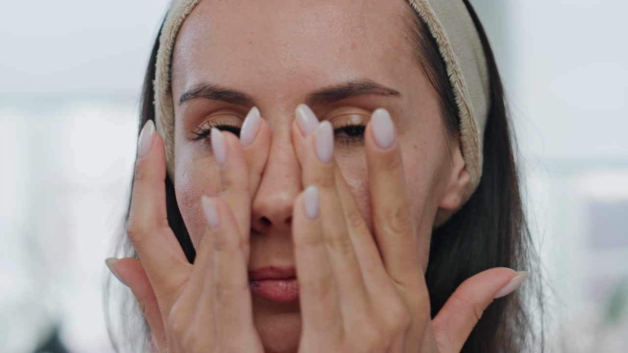 Happy lady moisturizing skin bathroom portrait. Calm woman touching beauty face