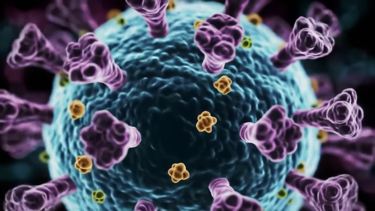 Detailed Visualization of a Virus Structure with Complex Protein Protrusions and Genetic Material Representations in Magnified View