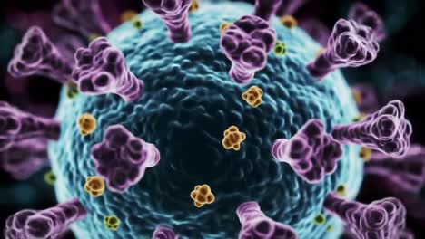 detailed visualization of a virus structure with complex protein protrusions and genetic material representations in magnified view
