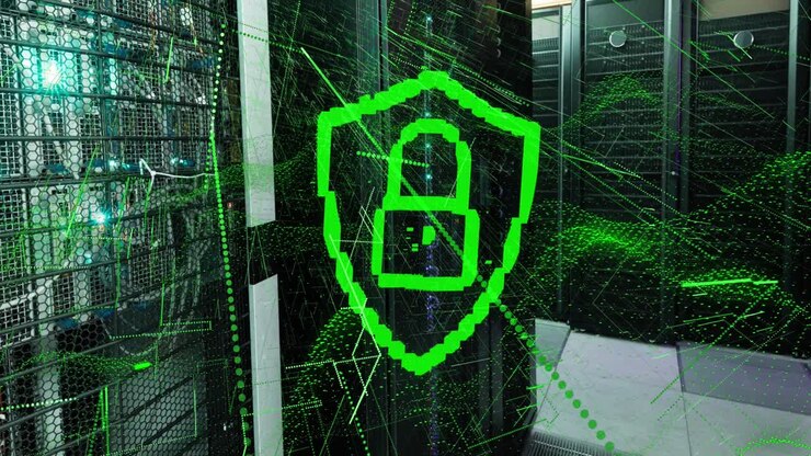 Animation of padlock in shield with dynamic wave of dots over data server systems
