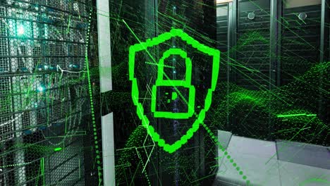animazione del lucchetto nello scudo con ondata dinamica di punti su sistemi di server di dati