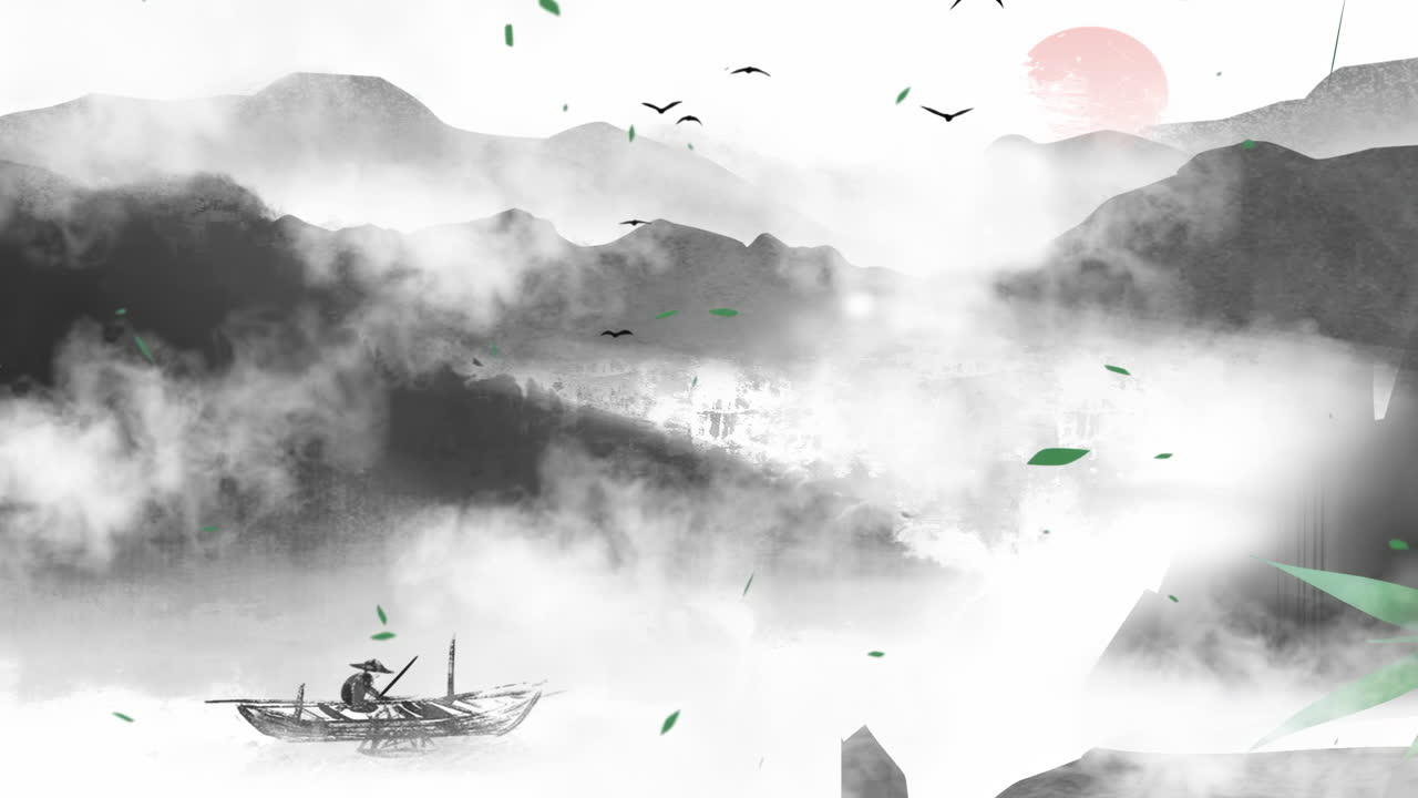 낮에는 고대 중국 전통 일본 풍경 잉크 그림 아름다운 평온한 나무, 산, 꽃, 호수, 물, 새, 파란 하늘, 배, 체리 꽃의 계절