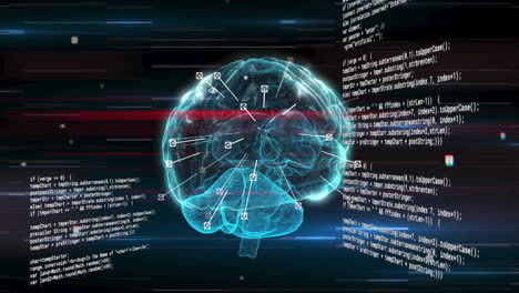 Animation of spots over digital brain spinning and data processing