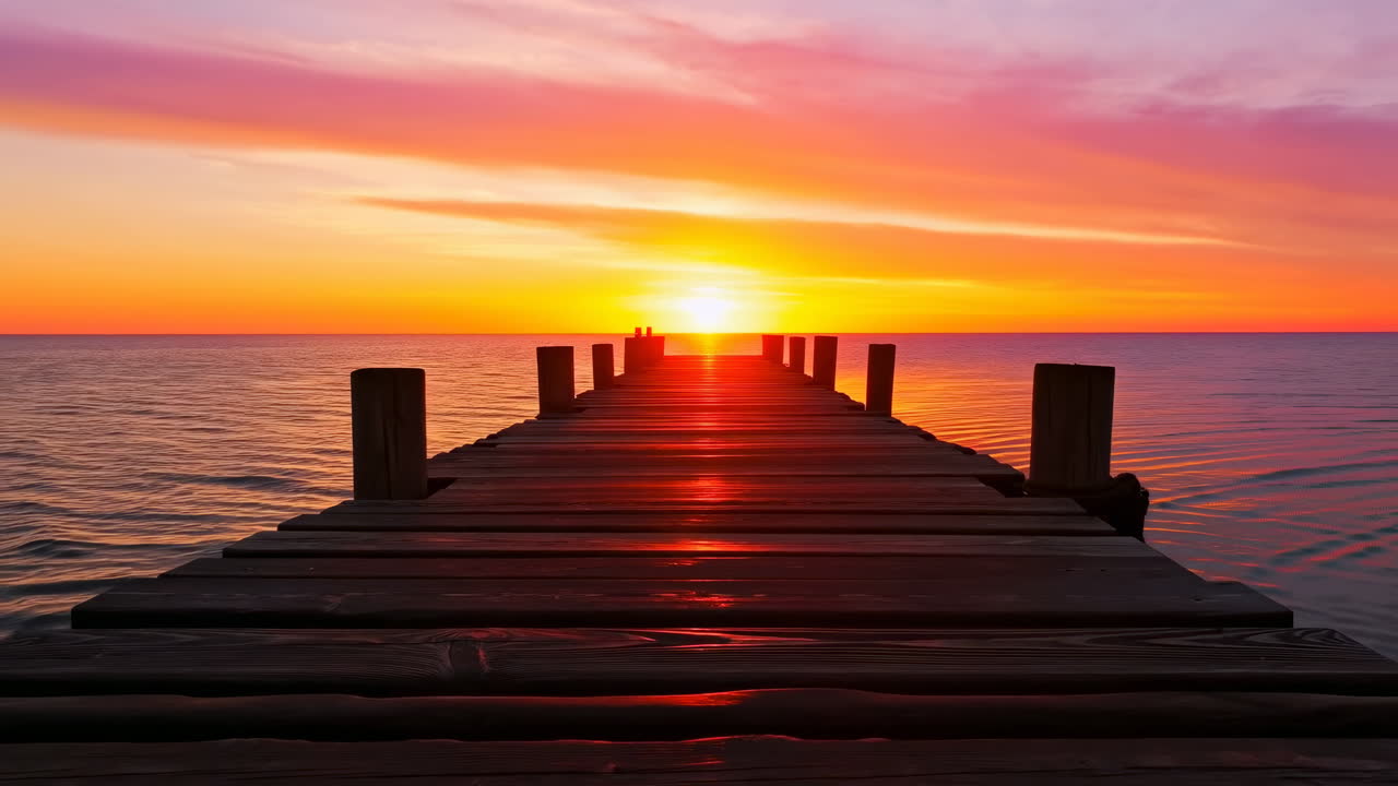 Sunset Wooden Pier Leads To Horizon, Warm Orange And Pink Sky, Calm Ocean, Silhouetted Posts Framing Sun,