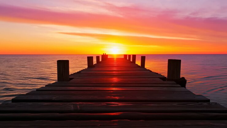 Sunset Wooden Pier Leads To Horizon, Warm Orange And Pink Sky, Calm Ocean, Silhouetted Posts Framing Sun,