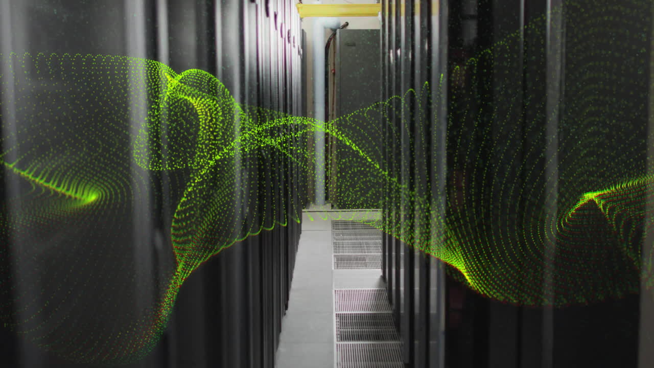 Animation of yellow network wave over computer server room