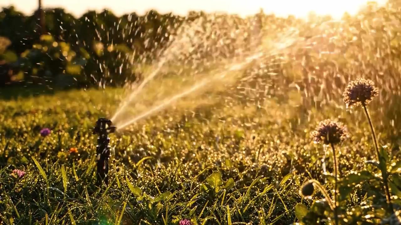 Catturando la bellezza di un sistema di irrigazione al tramonto in un giardino lussureggiante con fiori vivaci e rugiada riflettente sull'erba, migliorando la tranquilla esperienza all'aperto.