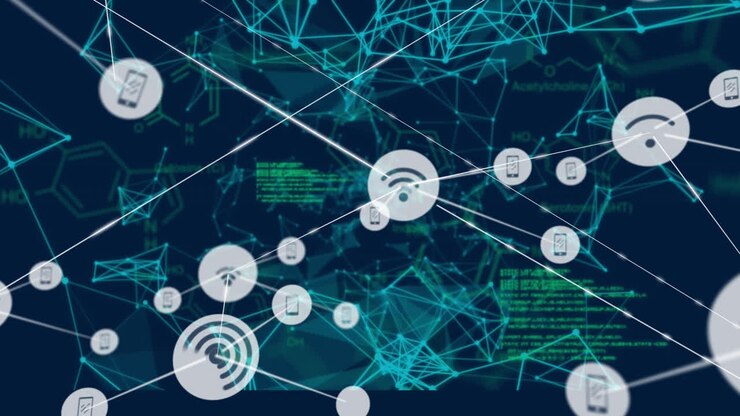 Animation of network of connections with icons over data processing