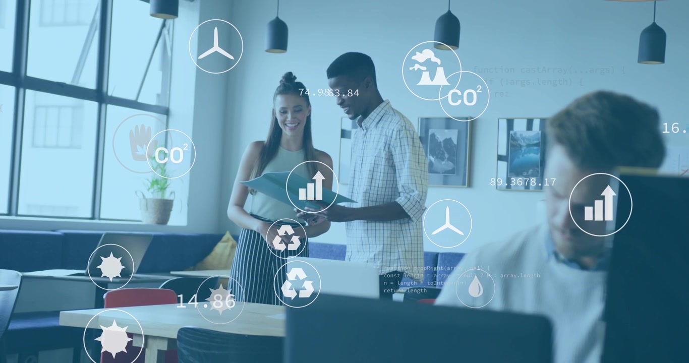 Man presenting blue folder initiating business chart reviewing with floating CO?, bar graph icons