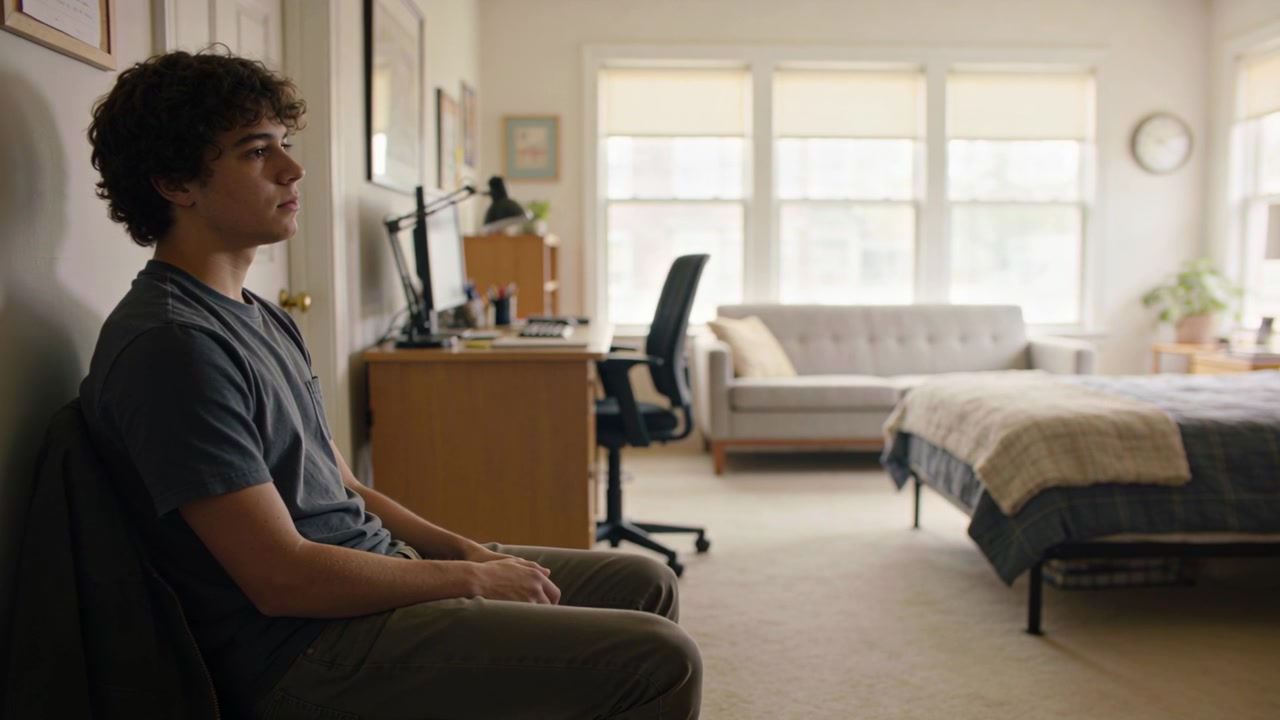 Reacting to window light, seated student shifting slightly in bedroom with chair, copy space