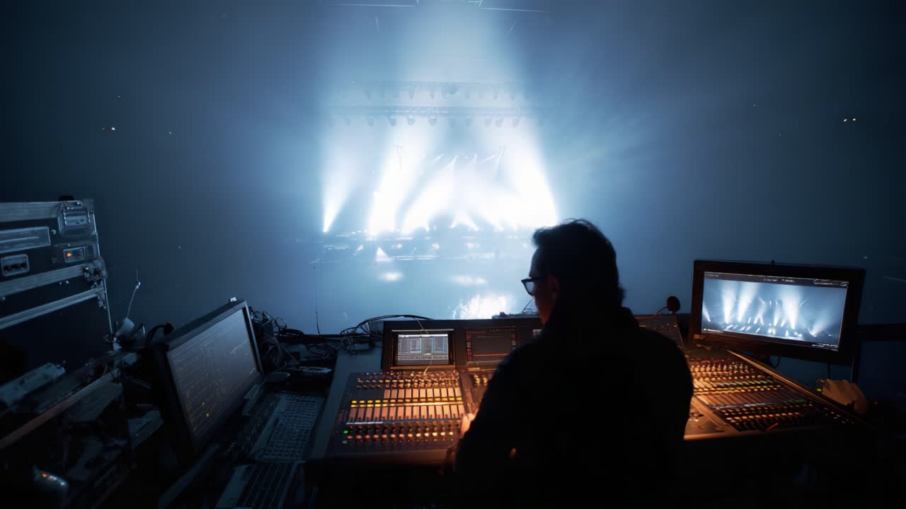 A Dazzling Concert Atmosphere Captured from Behind the Soundboard, Showcasing the Intensity of Light and Sound as a Sound Engineer Skillfully Controls the Audio During an Epic Live Performance