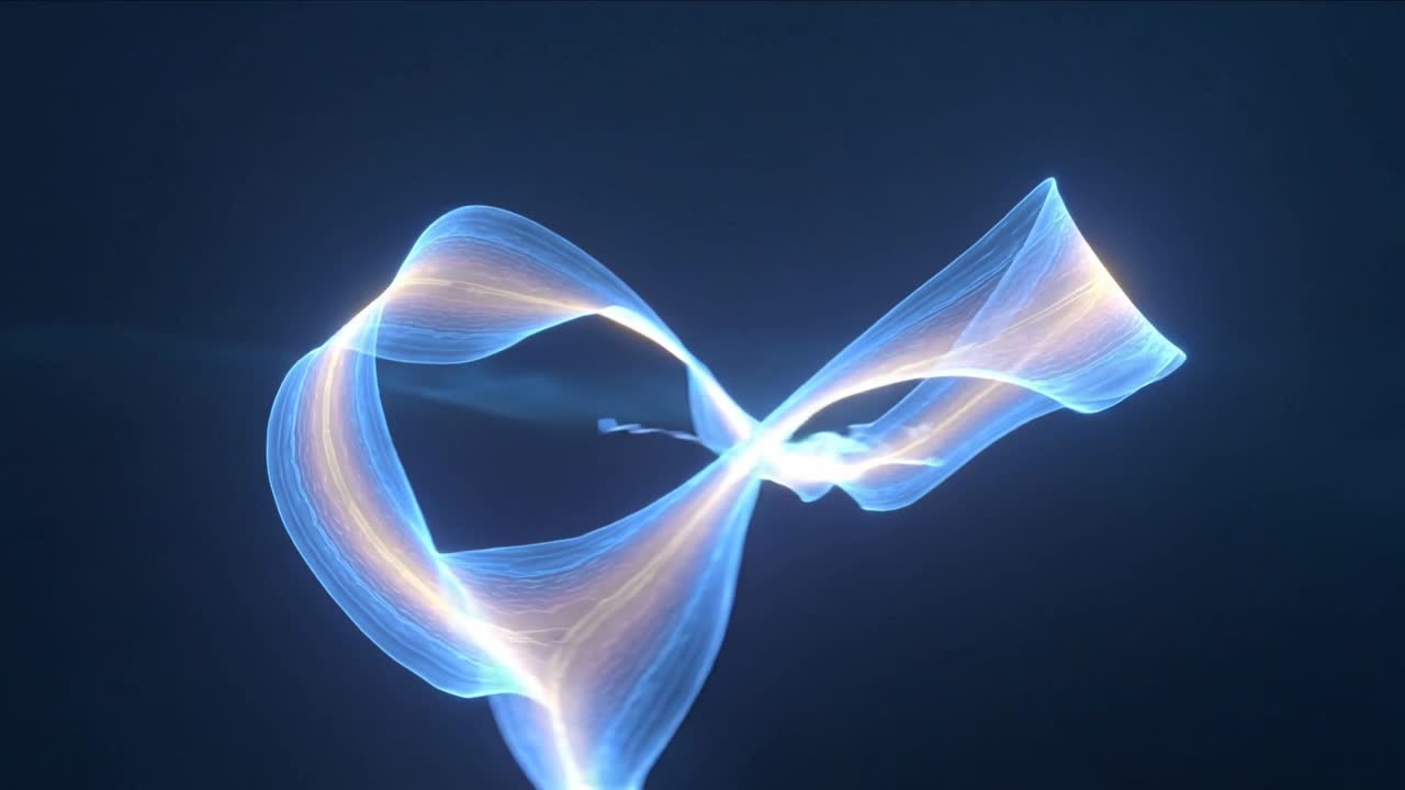 Reacting to emitter flaring luminous ribbon waving and expanding in dark void to reveal warm core