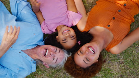 overhead portrait shot of multi-generation female family lying on grass