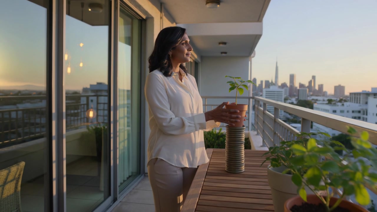 Luce del tramonto che illumina una donna che posiziona una pianta su un supporto da balcone, volgendo lo sguardo verso lo skyline, con spazio per il testo