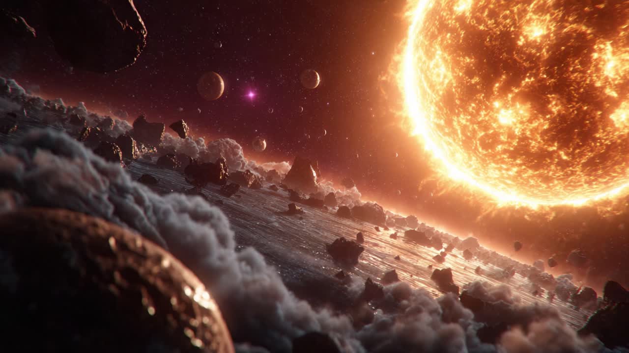 A Stunning Cosmic View of a Glowing Sun Surrounded by Planets and Asteroids, Capturing the Majestic Beauty of the Universe in Two Frames