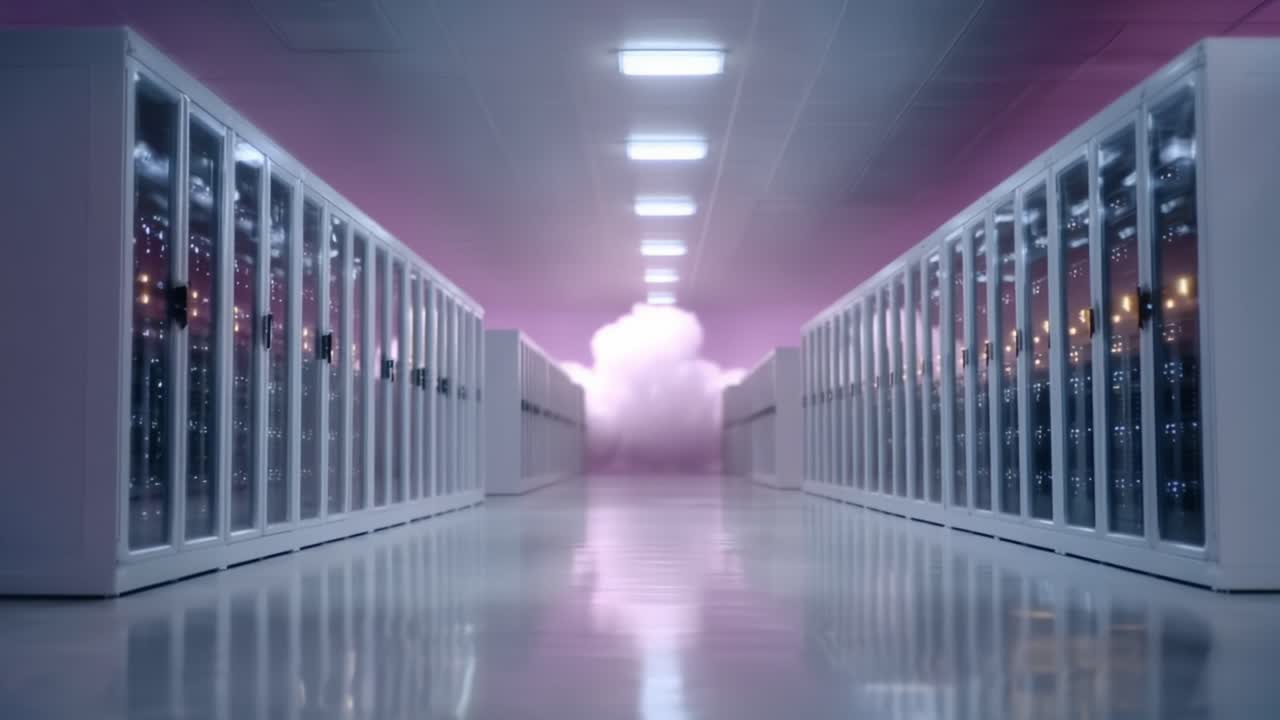 A Captivating Journey Through a High-Tech Data Center with Cleared Pathways and Ethereal Cloud Formation, Showcasing the Future of Modern Computing Infrastructure
