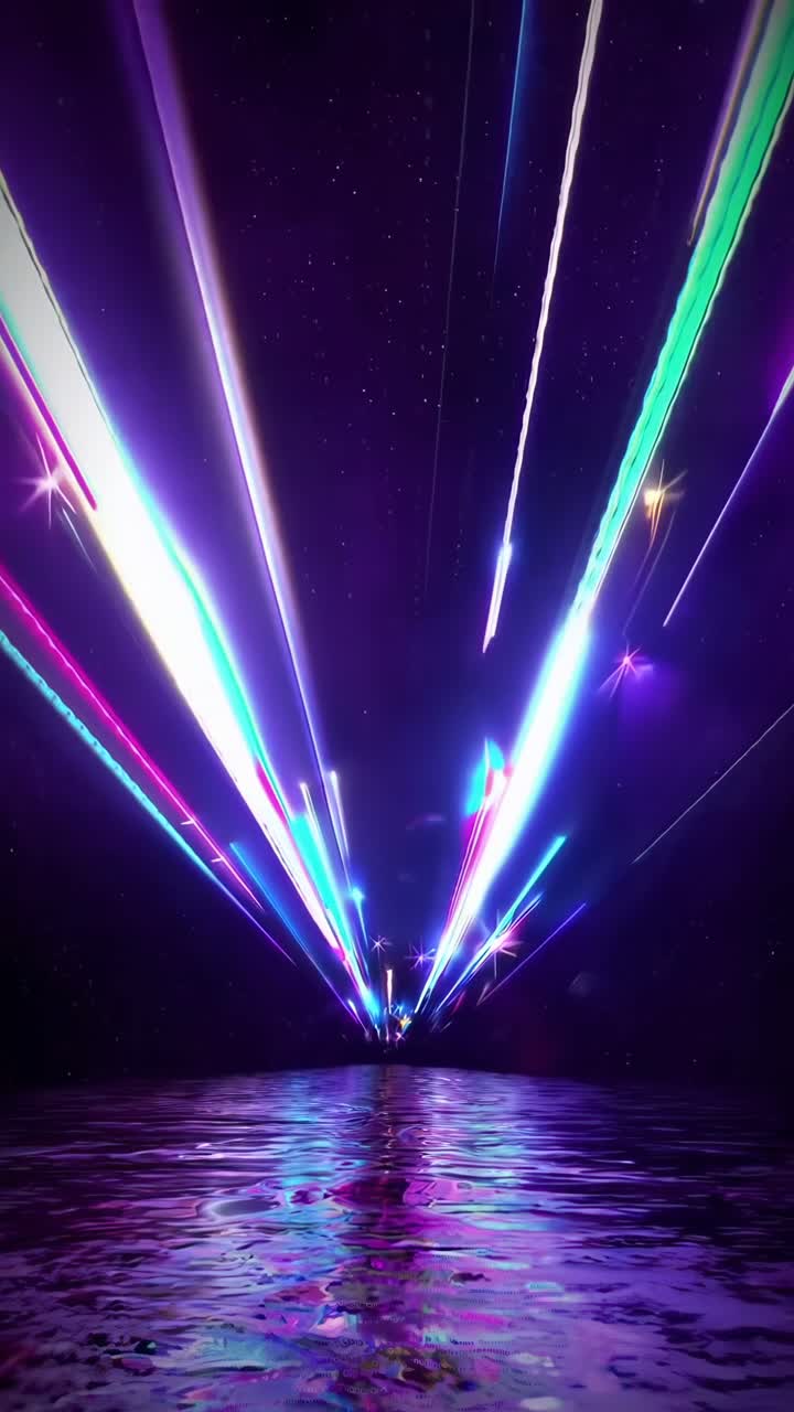 Raggi laser vibranti sull'acqua, ripresi da un'angolazione bassa, che creano un effetto video dinamico