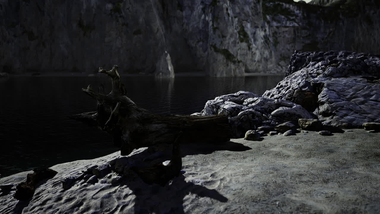 Mysterious rocky shoreline under moonlit sky reveals hidden wonders