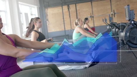 체육관에서 rowing 기계에 훈련 다양한 여성에 대한 파란 그래프에 데이터 처리의 애니메이션